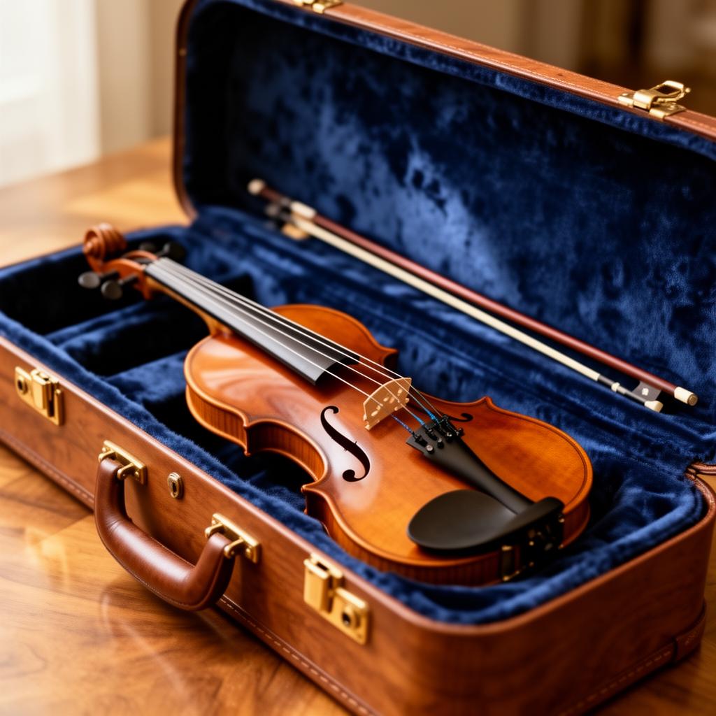 Hochwertige Violine in geöffnetem Geigenkasten mit blauem Samt